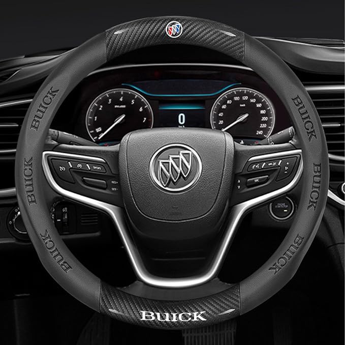 fit for Buick Steering Wheel Cover, Carbon Fiber Texture Nappa Leather,Custom Embossed Logo, Round Shape,Car Steering Wheel Protector Compatible with Buick Envista Encore Enclave Accessories