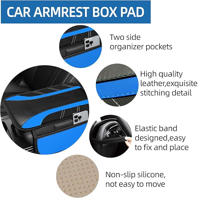 NBTEPEM 6 Pcs Blue Car Accessories Set, Sport Leather Steering Wheel Cover 14.5-15inch Universal, Microfiber Leather Car Center Console Cover, Seat Belt Cushion, Cup Holder Coaster (Black-Blue)