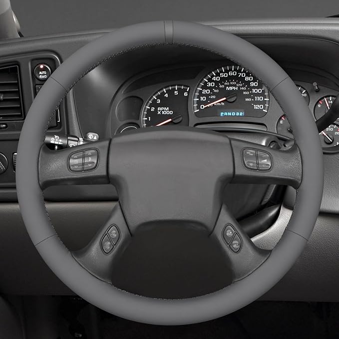 MEWANT Hand Stitched Steering Wheel Cover for Chevy Silverado 1500 2003-2006 DIY Gray Faux Leather Steering Wheel Wrap