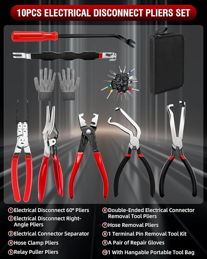10-Piece Electrical Disconnect Pliers Kit for Cars, Automotive Electrical Plug Connector Disconnect Tool and Connector Separator and Hose Clamp Pliers, Includes Terminal Pin Removal Tool