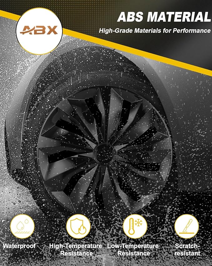 ABX Hubcaps, 16 inch hubcaps Set of 5, Wheel Rim Cover ABS Material, Snap On Car Truck SUV Replacement, for Toyota Camry Nissan Mazda etc, Black