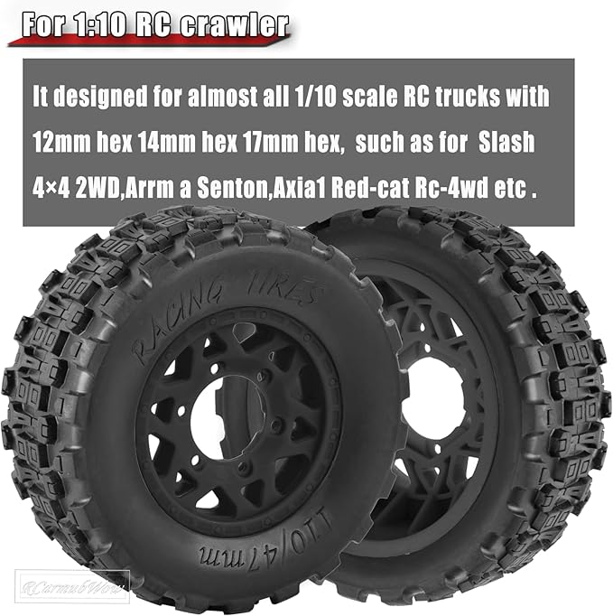 RC Truck Tires RC Wheels and Tires,12mm/14mm/17mm Hex RC Tires for 1/10 Slash 4×4 2WD,Arrm a Senton,Axia1 Red cat Rc 4wd,Off-Road Tire w/RC Wheels Hex,Black