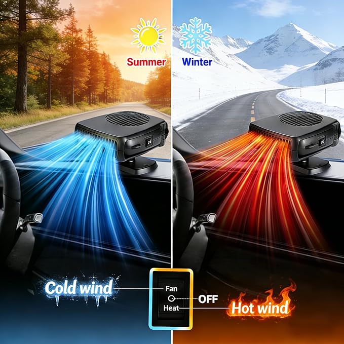 Car Heater, 12V Portable Car Heaters That Plugs Into Cigarette Lighter, 2 in1 Fast Heating and Cooling Defogger Demister for Vehicle, Car, RV, SUV