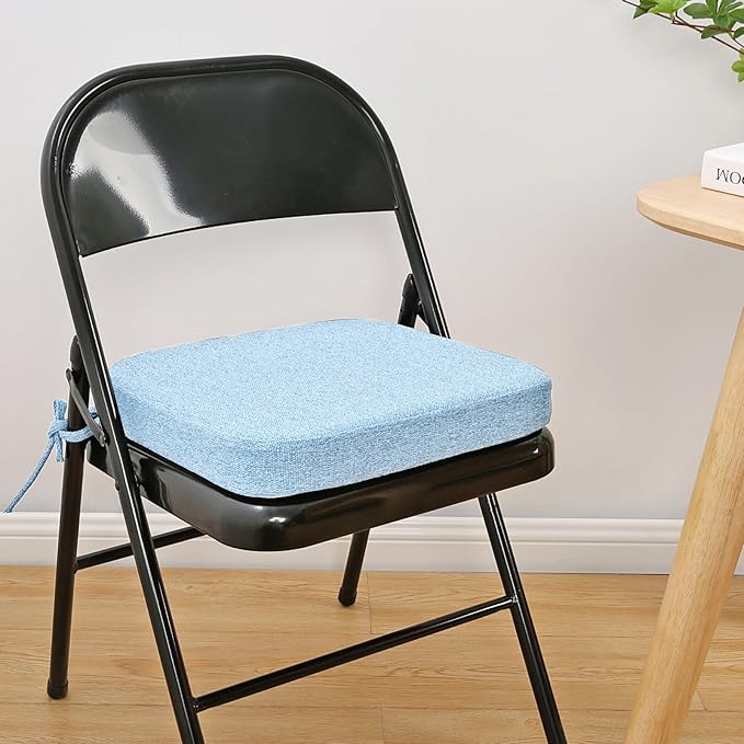 SINOSSO Memory Foam Chair Cushions for Folding Chairs 4 Pack, Thickened 2" Square Pads with Ties for Kitchen Chairs, Indoor Non-Slip Dining Chair Seat Cushions (Set of 4, Water Blue)