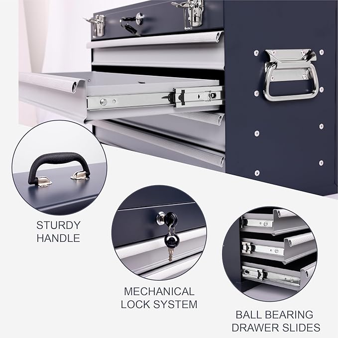 21" Portable 4 Drawer Steel Toolbox, 5 Layers of Tools with Metal Latches, with Top Storage Tray and Carrying Handle, Multi-Function Tool Chest for Garage, Home,or Workbench（grey）