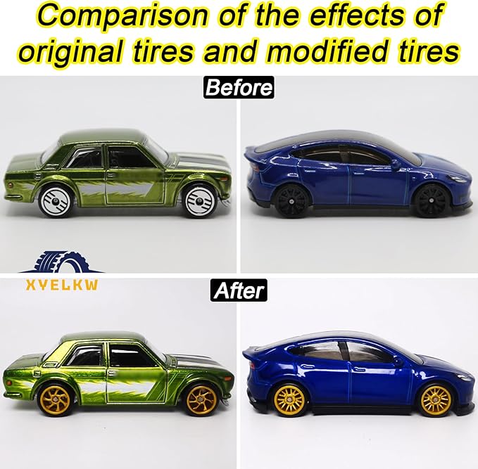 1/64 Wheels and Tires Set, 10-Pack 1 64 Scale Wheels with 10 for 1/64 Diecast Cars Upgraded and Modified Rubber Tires(Diameter 0.43in/11mm) (Gold)