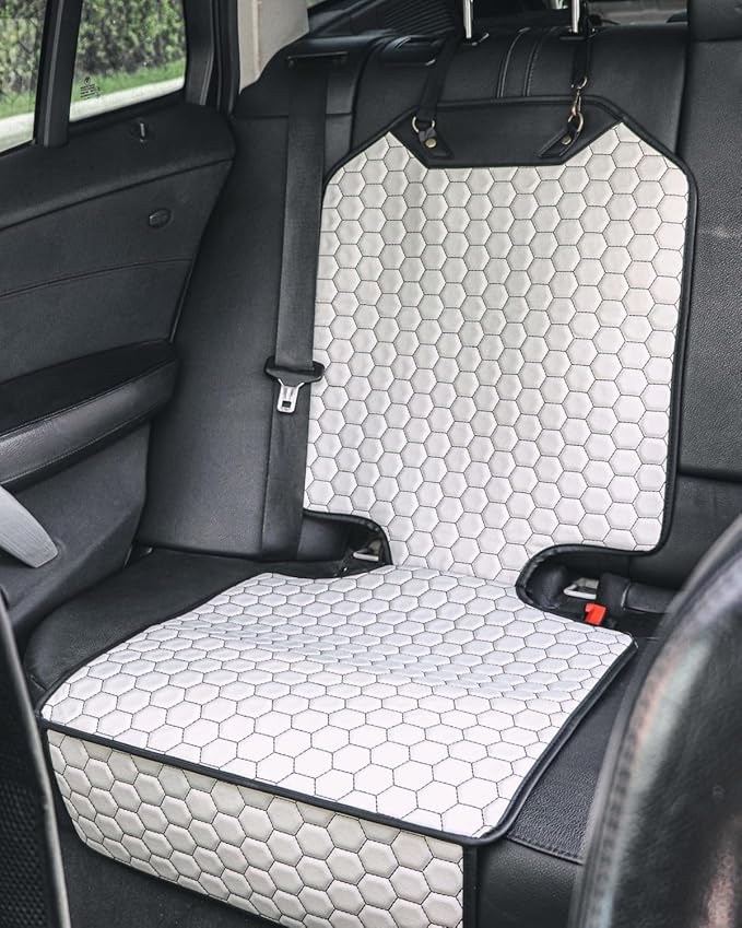 Owleys Set Seat Back Organizer & Car Seat Protector Hexy Waterproof & Non-Slip Protector for Child Car Cushion for Leather and Fabric Seats (White Set 2)