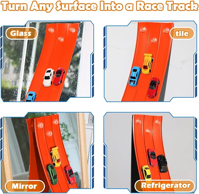 3-Lane Flexible Race Track for Kids 15ft Race Car Track Compatible with Diecast 1/64 Scale Cars, Flexible Car Track Race Ramp Toy with Strong Suction Cups