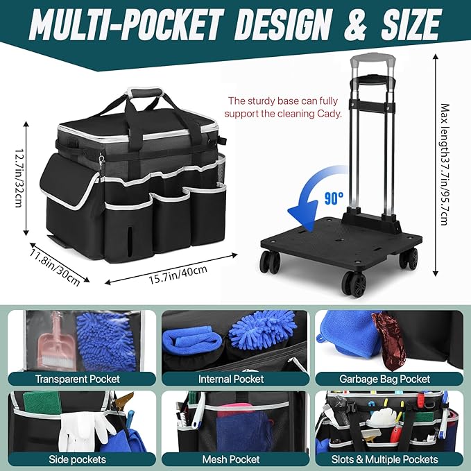 Large Rolling Cleaning Caddy Bag with Detachable Trolley, Full Support Plates for Professional Cleaning Supplies Bag, Organizer Bag with 4 Universal Wheels for Housekeepers, Car Wash