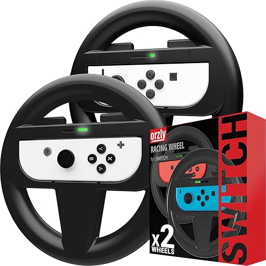 Orzly Steering Wheels for Nintendo Switch & OLED Console JoyCons, Racing Wheels for Mario Kart 8 Deluxe [Mariokart Switch Steering Wheel Joycon Controller Attachment Accessories]-TWIN PACK [2X Black]