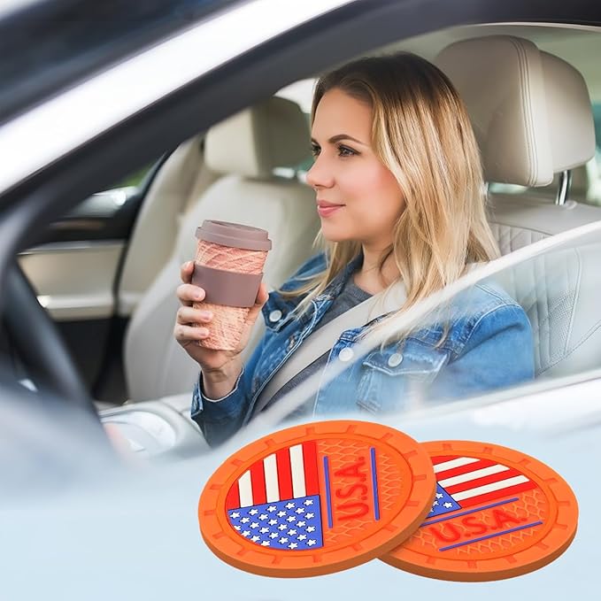 AUCELI 2 Pack Car Cup Holder Coasters, Colored American Flag US Flag Insert Car Cup Coaster, 2.75 Inch Anti Slip Shockproof Embedded Drink Mat, Vehicle Interior Decor Accessories