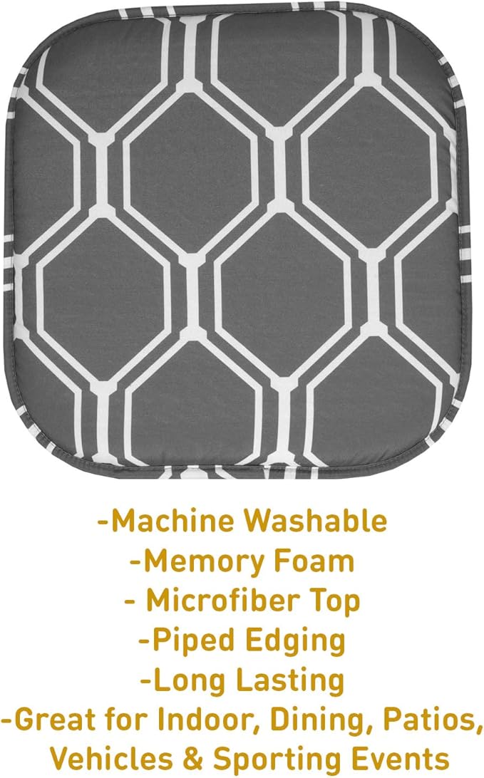 Sweet Home Collection Chair Cushion Memory Foam Pads Honeycomb Pattern Slip Non Skid Rubber Back Rounded Square 16" x 16" Seat Cover, 4 Pack, Mirage Gray/White