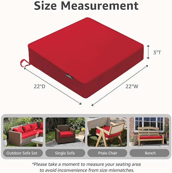 PatioGlow Outdoor Chair Cushions 22 x 22 x 3 Inch, Waterproof & Fade Resistant Patio Seat Cushion for Furniture with Handle and Ties, Thick Seating Pads for Outside Sofa Couch Set of 2, Red