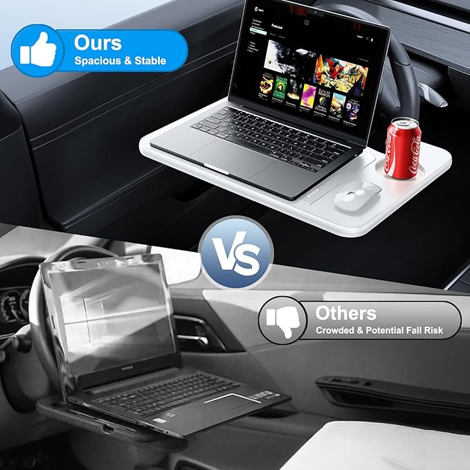 3 in1 Car Steering Wheel Tray Table for Laptop, Height Adjustable Car Table Tray for Driver, Car Food Tray with Drinks Holder,Multipurpose Travel Car Accessories for Long Road Trips-White