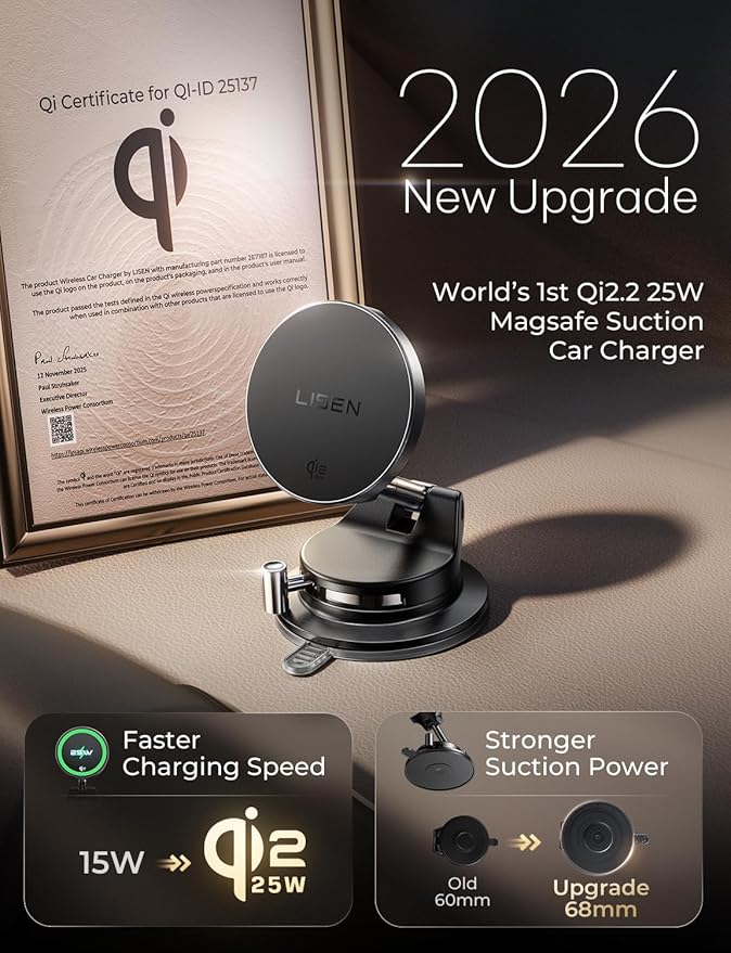 LISEN Qi2.2 25W MagSafe Car Mount Charger, Magnetic Wireless Car Charger with 54W Adapter, Magnetic Phone Holder for Car, iPhone Car Mount, Vacuum Suction Cup Phone Mount for iPhone 17 16 15 14 13 12