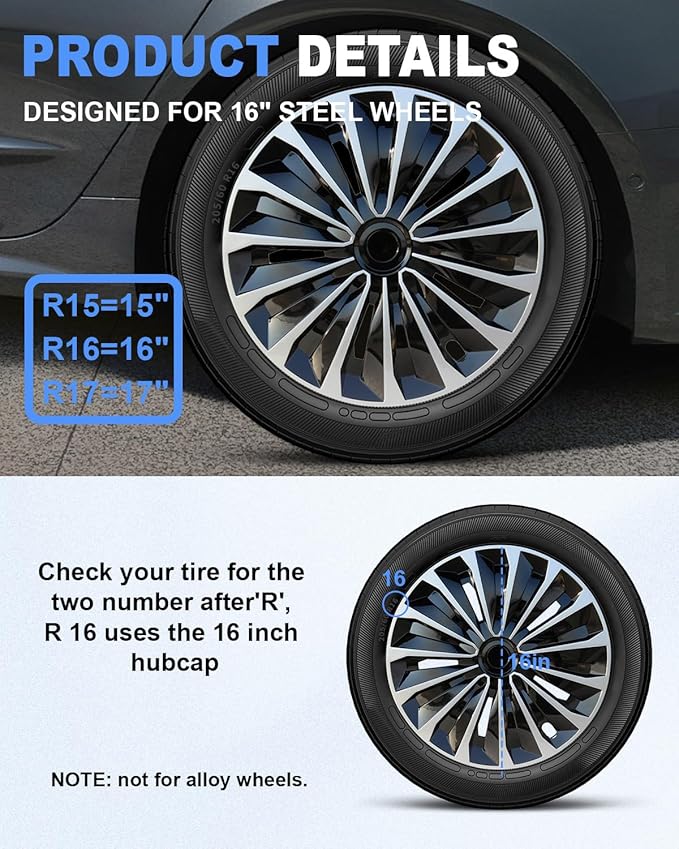 ABX Hubcaps,16 inch hubcaps Set of 4, Wheel Rim Cover ABS Material, Snap On Car Truck SUV Replacement, for Toyota Camry Nissan Mazda etc, Black&Silver