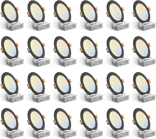 Amico 24 Pack 6 Inch Black 5CCT Ultra-Thin LED Recessed Ceiling Light with J-Box, 2700K/3000K/3500K/4000K/5000K Selectable, 12W Eqv 110W, Dimmable Canless Downlight, 1050LM High Brightness, ETL, FCC