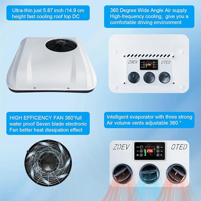 DC 24V AC unit RV Rooftop Air Conditioner Ultra-thin Fit Motorhome car van Trucks cab Commercial Vehicles Low Noise Energy Saving cool & heat Intelligent frequency conversion parking Air Conditioners