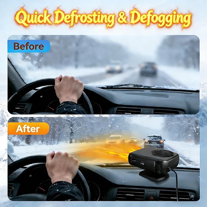 Car Heater, 12V Portable Car Heaters That Plugs Into Cigarette Lighter, 2 in1 Fast Heating and Cooling Defogger Demister for Vehicle, Car, RV, SUV