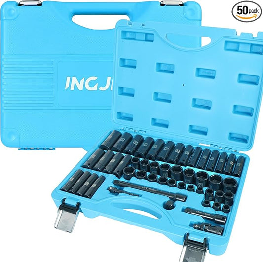 3/8 SAE and metric socket set, 50 Piece Impact Socket Set, StandardSAE (5/16 to 3/4 inch) and Metric (8-22mm) 6 Point, Extension Bars, Impact Universal Joint, Adapter, Cr-V Steel