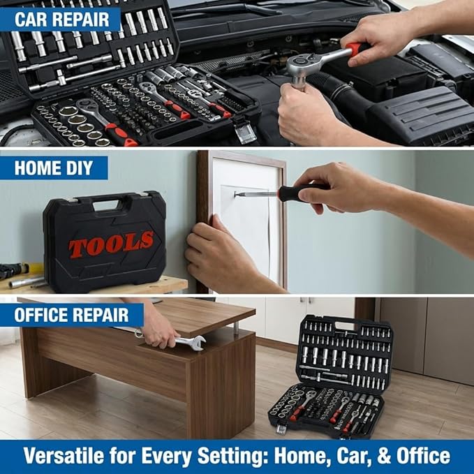 171 Piece Mechanics Tool Set, Heavy Duty Socket and Ratchet Wrench Toolbox Combo Kit, 1/4", 3/8" & 1/2" Drive Hand Tools for Auto Repair and Home Maintenance, Gifts for Men，Black