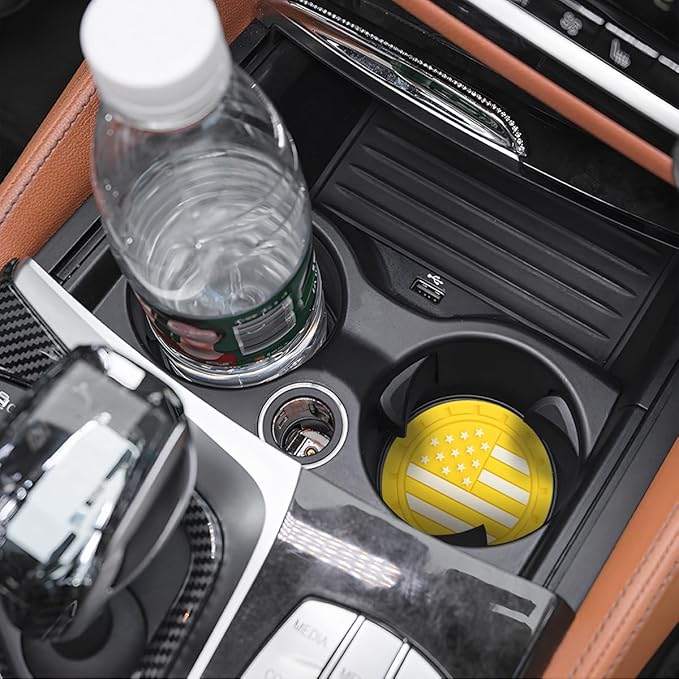 Osilly Car Cup Holder Coasters, 4 Pack American Flag Insert Car Cup Coaster, 2.75 Inch PVC Anti Slip Shockproof Embedded Drink Mat, Car Interior Decoration Accessories for SUV, Truck(Yellow)