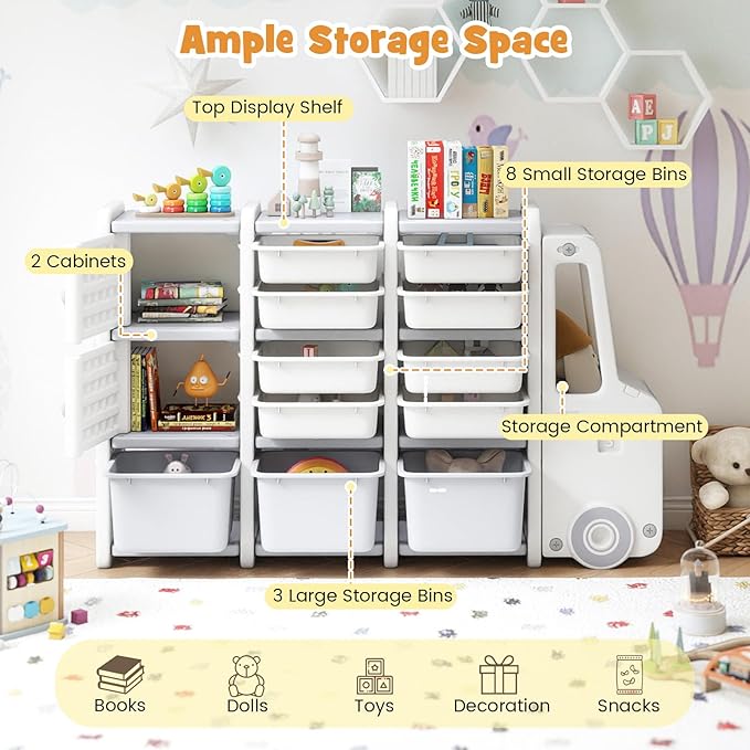Costzon Car-Shaped Toy Storage Organizer, Kids Toy Shelf w/11 Removable Bins, 2 Cabinets, Top Shelf & Cab Compartment, Toddler Bookshelf for Kids Room, Playroom, Classroom, Living Room (Car)