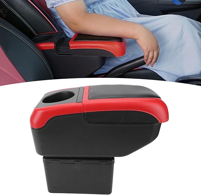 Universal Car Armrest Box with 6 USB Charging Ports Double Layer Car Organizers and Storage Car Arm Rest Console Organizer for SUV Truck Car (Red)