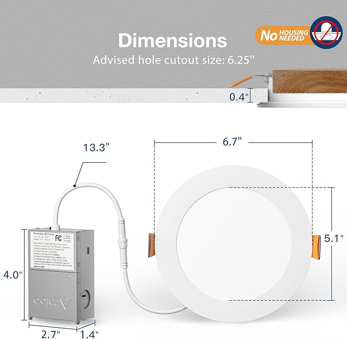 Amico 24 Pack 6 Inch 5CCT Ultra-Thin LED Recessed Ceiling Light with Junction Box, 1050LM Brightness, Dimmable Canless Wafer Downlight, 12W, ETL&FCC