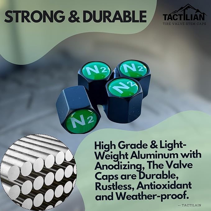 TACTILIAN N2 Nitrogen Tire Valve Caps | Leakproof Aluminum Tire Valve Stem Caps Green with Rubber O-Rings for Nitrogen Filled Tires | N2 Tire Valve Caps Green 4 Pack