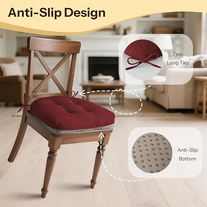 Indoor Kitchen Chair Cushions Set of 4 18"X16.5"X3" Soft Anti Slip Dining Chair Pads Tufted Kitchen Seat Cushion with Ties, Red