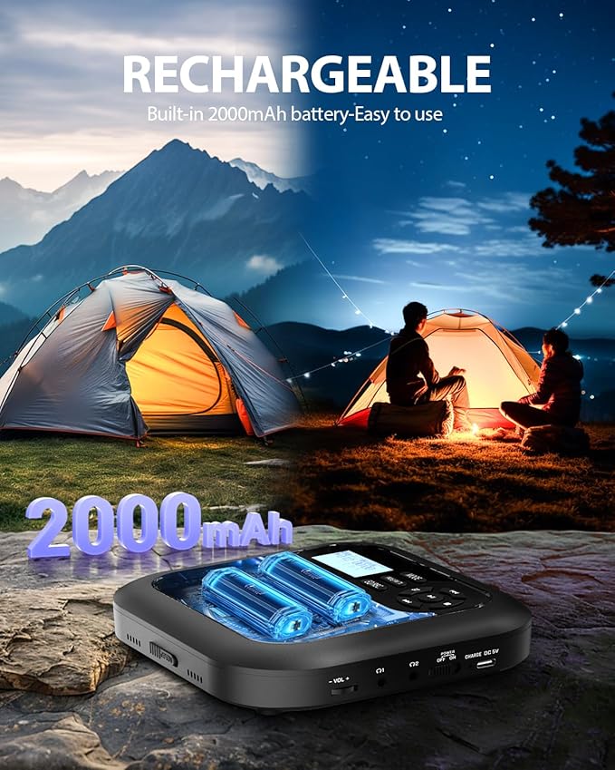 Portable-CD-Player with Bluetooth - Rechargeable with FM Transmitter, Dual Speakers, Headphones and AUX Use for Car Travel Home
