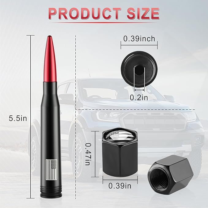 BJSIA American Flag Car Antenna for Truck with Valve Stem Caps - Universal Compatible with Ford, Dodge, Chevrolet, GMC, Jeep, Toyota Truck Car Accessories, Heavy Duty Pickup Trucks Accessories - Red