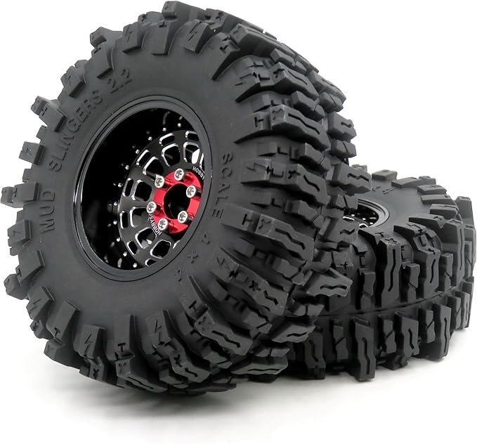 HOBBYSOUL RC 2.2 Mud Slingers Tires 124mm Tall & 2.2 Beadlock Wheels Adjustable Offset 2.2 Rims Black For RC Mud Crawler Trail Gen7 Gen8 Everest 10 Axial Capra Wraith, (4-Pack, Assembled)