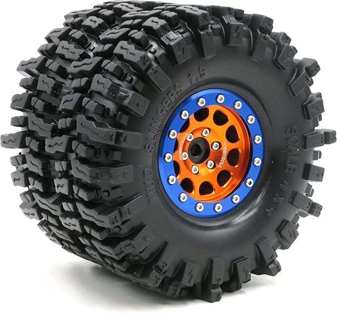 HOBBYSOUL 1.9 Mud Slingers Tires Soft Sticky Tyres 120mm / 4.72inch & Metal 1.9 Beadlock Wheels Orange Blue Rims for 1/10 RC Crawler Trail Traxxas TRX4 Axial SCX10 Redcat Gen8 upgarde