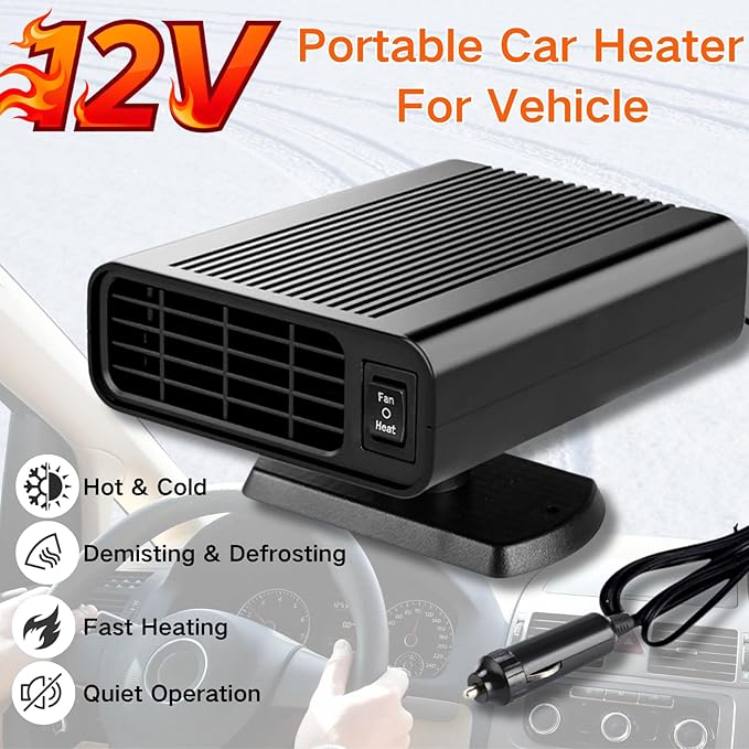 Car Heater 12V, Portable Car Heater for Vehicle That Plugs Into Cigarette Lighter,Fast Heating Defrost Defogger 2 in 1 Heating & Cooling Fan with 360° Rotary Base for Trucks, SUV, Cars