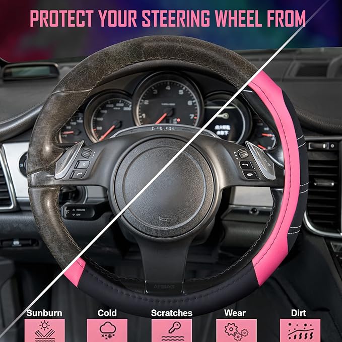 CAR PASS Line Rider Microfiber 14 Inch Leather Sporty Steering Wheel Cover Universal Fits for 95% Truck,SUV,Cars, Anti-Slip Safety Comfortable Desgin (Black Pink)