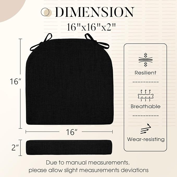 Basic Beyond Chair Cushions for Dining Chairs 6 Pack, Kitchen Chair Cushions with Ties and Non Slip Backing, 16 x 16 inches Chair Pads for Dining Chairs (Black)