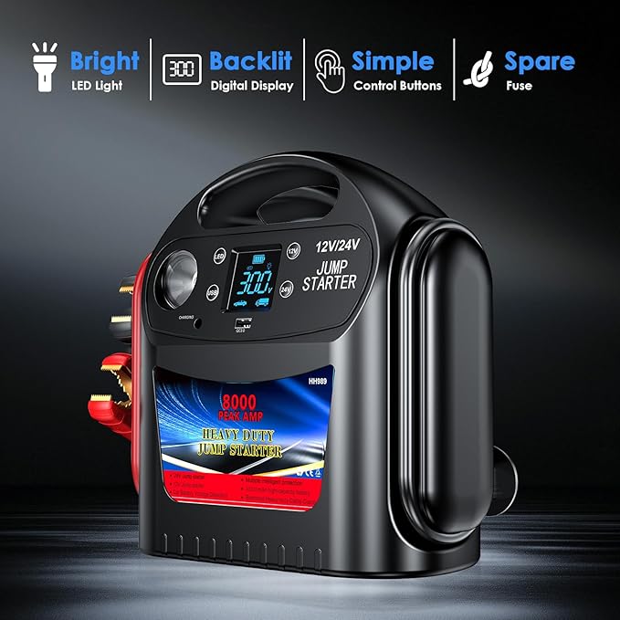 8000A 12V/24V Jump Starter for Large Gas & Diesel Engines, Heavy-Duty Portable Battery Booster Pack for Trucks, RVs & Commercial Vehicles with Force Start, Digital Display, LED Light & USB Charging