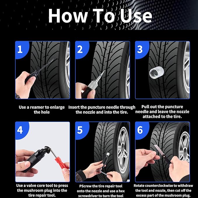 Tire Repair Kits Tubeless Tire Puncture Repair Kit with Mushroom Plug, Repairs punctures and Flat Tires for Motorcycles, Cars, Trucks, ATVs,Gun Puncture Repair Kit（34-Piece ）