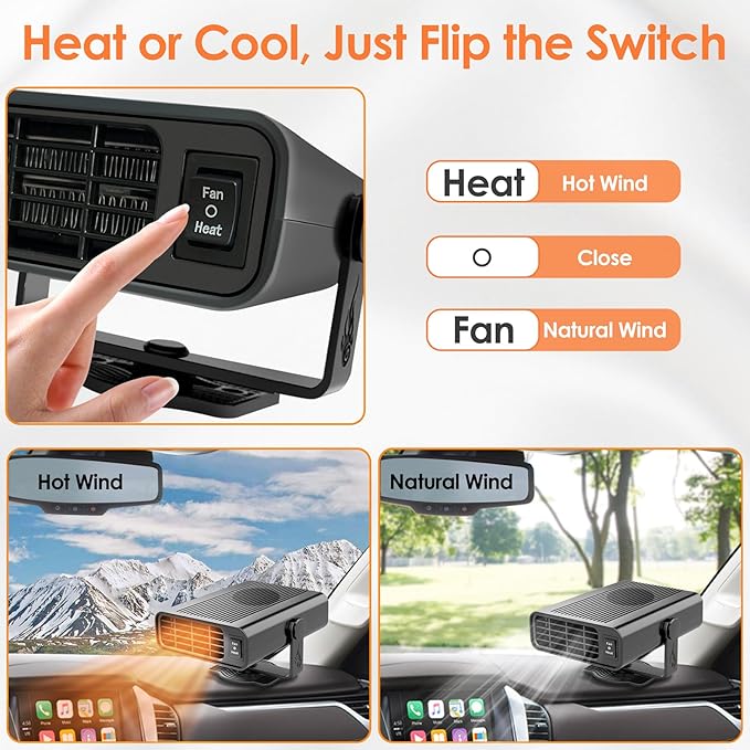 2026 Newest Portable Car Heaters, 12V 200W Vehicle Heating & Cooling Fan Rapid Windscreen Defogger & Window Defroster Car Heater That Plugs Into Cigarette Lighter with 360° Rotatable Function