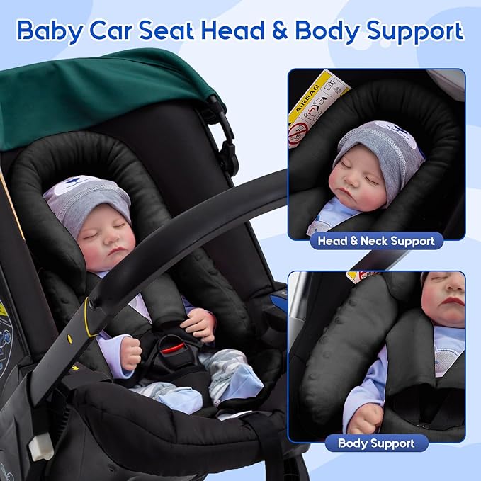 Newborn Car Seat Head Support with 3 Shoulder Covers Set, 2-in-1 Reversible Infant Car Seat Insert, Thickened Car Seat Cushion for Baby, Carseat Head Support for Preemie to Infant
