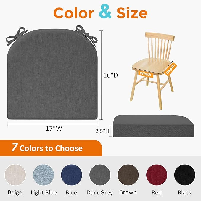 downluxe Chair Cushions for Dining Chairs, Memory Foam Linen Kitchen Chair Pads with Ties, Waterproof, Stain-Resistant and Washable Cover, 17" x 16" x 2.5", Dark Grey, 2 Pack