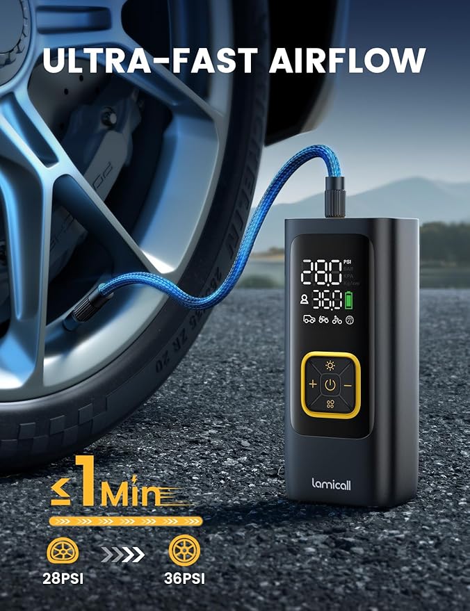 Tire Inflator Portable Air Compressor - Lamicall [4X Faster][150 PSI] Car Bike Air Pump, Rechargeable Battery, Pressure Gauge Display, LED Light, Car Cordless Pump, Gifts for Motorcycle, Bike, Ball