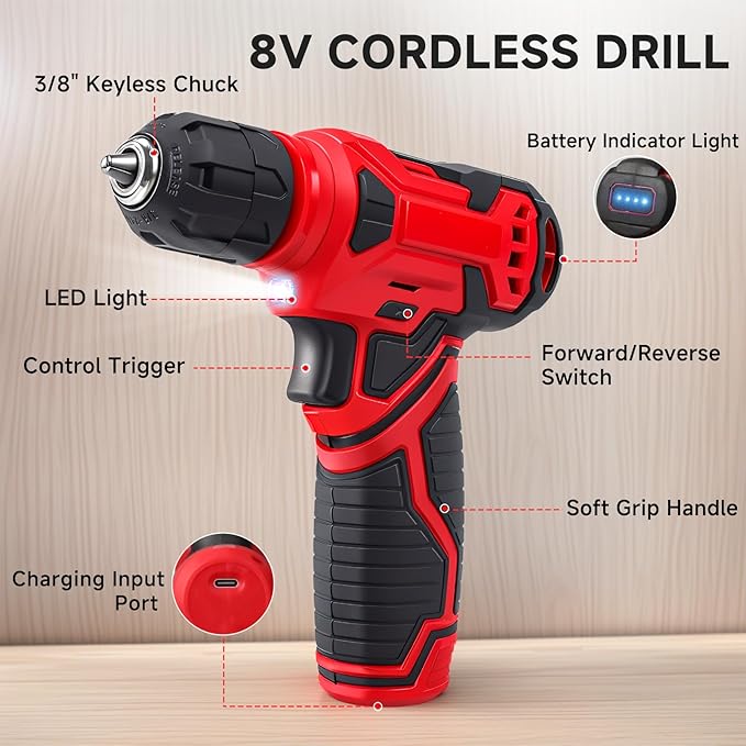 Tool Set - 8V Cordless Drill Set, 132 Piece Home Tool Set With Hand Drill, Tool Kit for Women & Men, Perfect for Homeowner, Diyer, Handyman