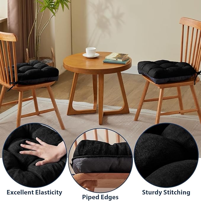 IASEAHK Chair Cushions for Dining Chairs, Seat Cushions for Kitchen Chairs, Indoor Seat Cushions with Ties, Tufted Foam Chair Pads, Non Slip Chair Cushions Set of 2, 15.5" x 15.5" x 4", Black