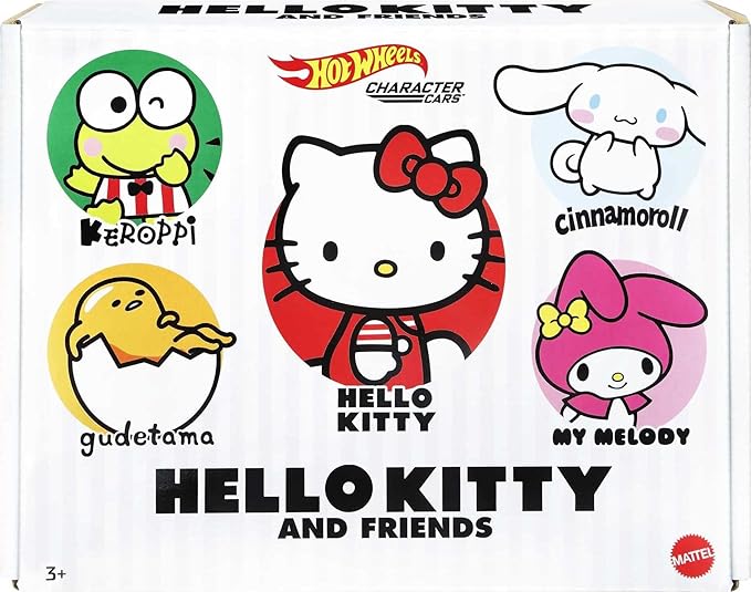 Hot Wheels Sanrio Toy Character Car 5-Pack in 1:64 Scale: Hello Kitty, Keroppi, Gudetama, Cinnamaroll & My Melody, Set for Kids & Collectors