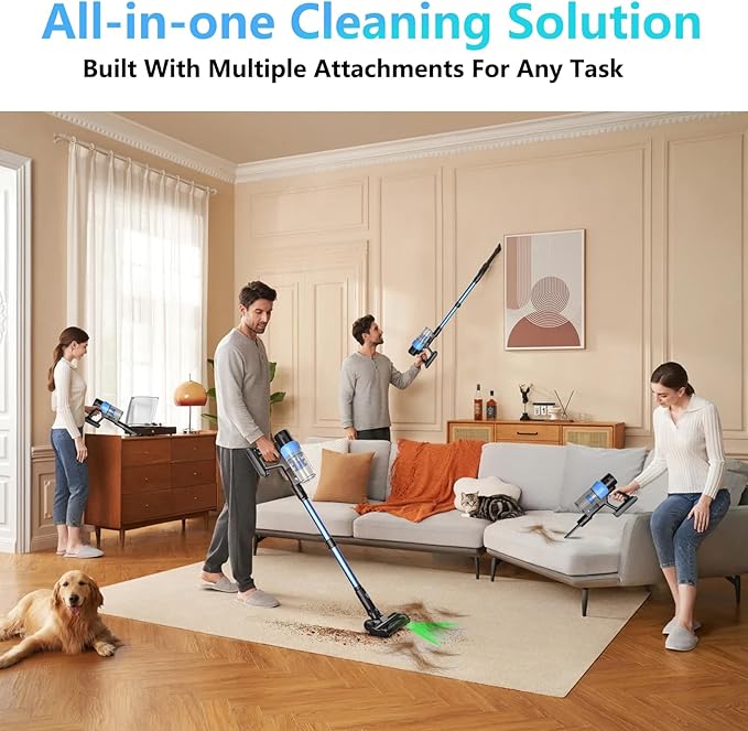Cordless Stick Vacuum Cleaner: 45kPa Powerful Suction & 60Min Runtime, Self-Standing with Green Light & Anti-Tangle Brush, Rechargeable Lightweight Vacuum for Home Pet Hair on Carpets and Hard Floors
