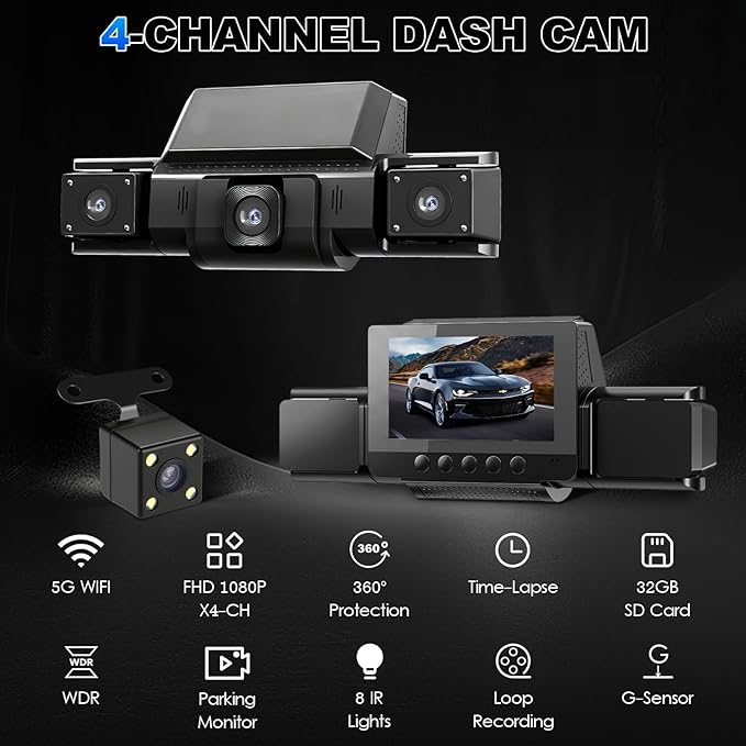 4 Channel Dash Cam 360 View for All-Round Protection, 4-Way Front Rear Inside Recording, Built-in 5G WiFi & GPS, APP Control, 8 IR Night Vision, 24H Parking Monitor, G-Sensor, Free TF Card