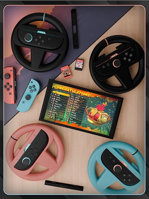 Orzly Racing Steering Wheels Compatible with Switch 2 (2025 Console) – Party [Pack of 4] Joy-Con Controller Attachments for MarioRacing Games (2 Black, 1 Blue, 1 Red) Gift Boxed